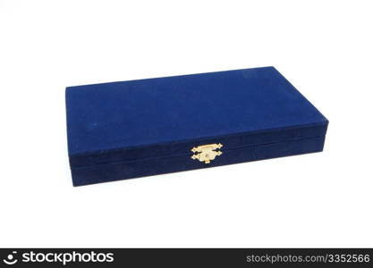 Closed dark blue velvet casket with golden lock isolated