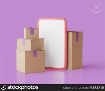 Closed delivery boxes and smartphone with clear screen 3d render illustartion. Isolated object with soft shadows.. Closed delivery boxes and smartphone with clear screen 3d render illustartion. Isolated object.