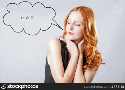 closed eyes portrait of a young girl with red hair with speech bubble
