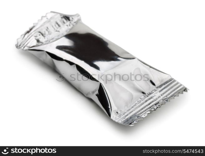 Closed food foil package isolated on white