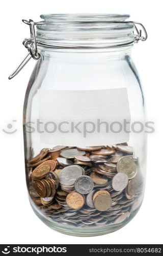 closed glass jar with empty label and saved money isolated on white background