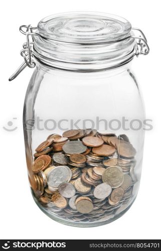 closed glass jar with saved money isolated on white background