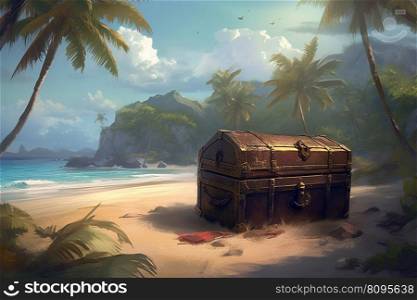 Closed pirate chest. Sand sea nature. Generate Ai. Closed pirate chest. Generate Ai