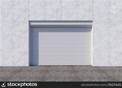 Closed shutter door or roller door on gate building, 3d rendering