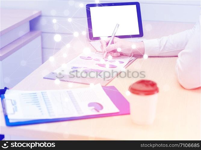 Closed up of business woman?s hands writing and comment on document business with pen and various items on desk workplace at office.Business cooperation and insurance success concept