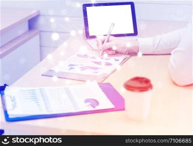 Closed up of business woman?s hands writing and comment on document business with pen and various items on desk workplace at office.Business cooperation and insurance success concept