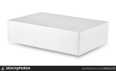 Closed white rectangular cardboard box isolated on white background. Closed white rectangular cardboard box