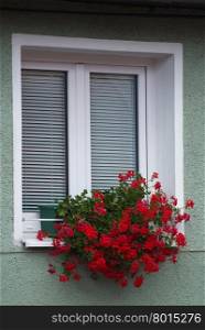 Closed white wooden windows shutters with a window sill decorated by colors