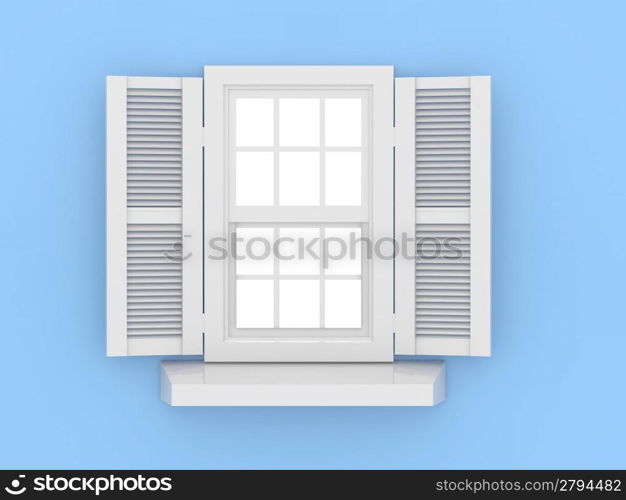 Closed window and shooters on blue isolated background. 3d