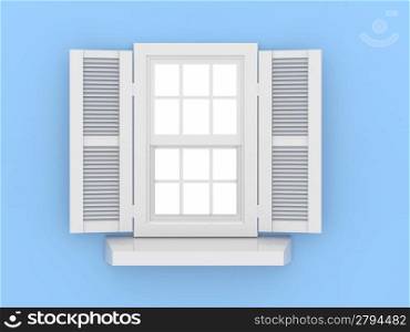 Closed window and shooters on blue isolated background. 3d