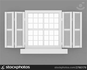 Closed window and shooters on grey isolated background. 3d