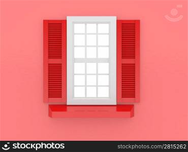 Closed window and shooters on red isolated background. 3d