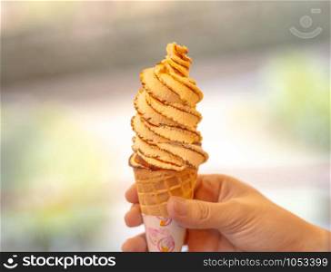 Closeup a man hand holding caramel pudding ice cream cone with blurred nature background.