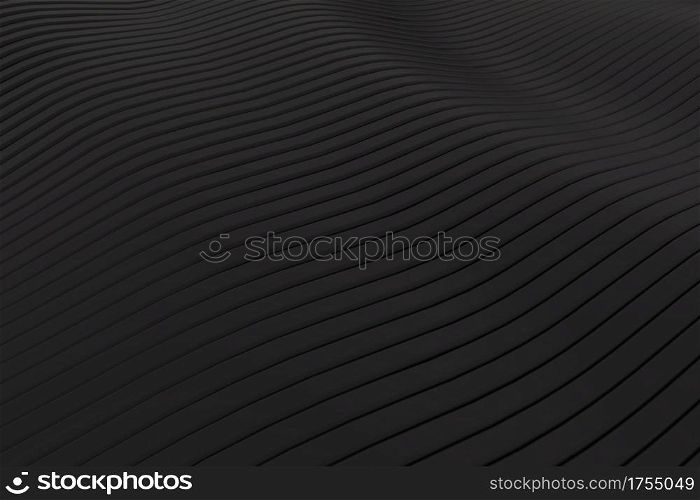 Closeup abstract black silver smoked metallic stripe slicing wavy background. Minimalism concept. Graphic design wallpaper and backdrop. 3D illustration rendering