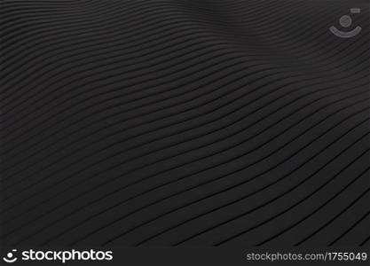 Closeup abstract black silver smoked metallic stripe slicing wavy background. Minimalism concept. Graphic design wallpaper and backdrop. 3D illustration rendering