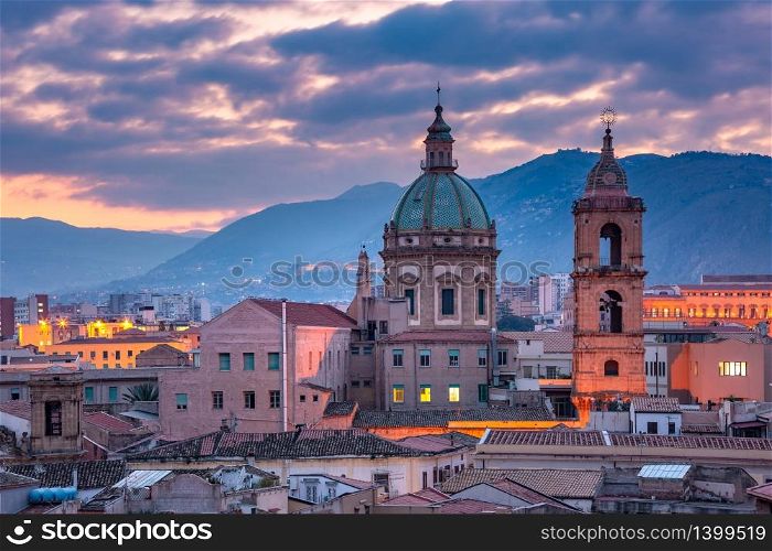 Closeup aerial view of Palermo with Church of Saint Mary of Gesu at sunset, Sicily, Italy. Palermo at sunset, Sicily, Italy