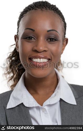 Closeup african businesswoman portrait isolated on white background