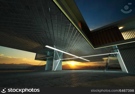 Closeup and perspective view of empty cement floor with steel and glass modern building exterior . 3D rendering and real images mixed media .