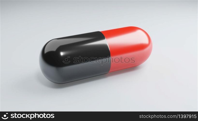 Closeup antiretroviral drugs capsule on white background. Medicine and Vaccine concept. Medical science healthcare. Antibiotic immunity researching. Red Black color. 3D illustration render
