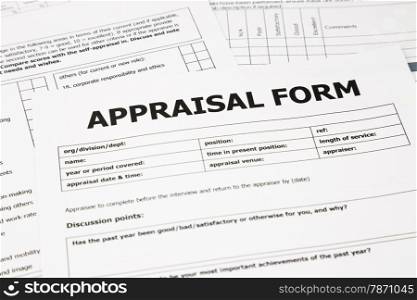 closeup appraisal form and paperwork, evaluation and assessment concept for business