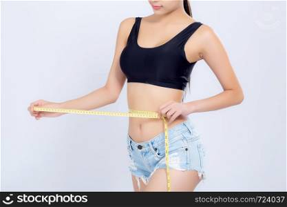 Closeup asian woman diet and slim with measuring waist for weight isolated on white background, girl have cellulite and calories loss with tape measure, health and wellness concept.