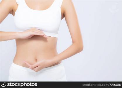 Closeup asian woman weightloss beautiful body diet with fit presenting something copy space on hand isolated on white background, girl weight slim with cellulite, health concept.