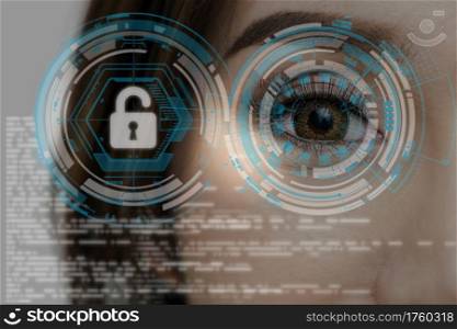 Closeup Asian women being futuristic vision for biometric authentication to unlock security, digital technology screen over the eye vision background, security and command in the accesses. surveillance and sefety concept