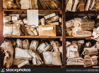 Closeup At Paper Waste Background. Keeping Records In Shelves. Paper Waste For Recycle