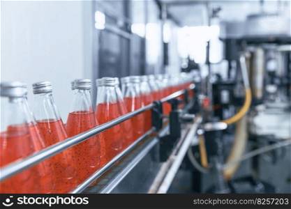 Closeup automation beverage bottled in drink factory automatic working process production line conveyor belt in Industry 4.0 standard.