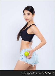 Closeup beautiful body woman sexy slim holding green apple with cellulite for wellness, girl waist thin with fitness for weight loss and healthy isolated on white background, healthcare and diet concept.