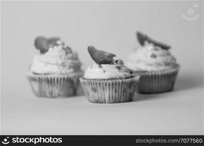 Closeup black and white photo of three tasty cupcakes over background in studio
