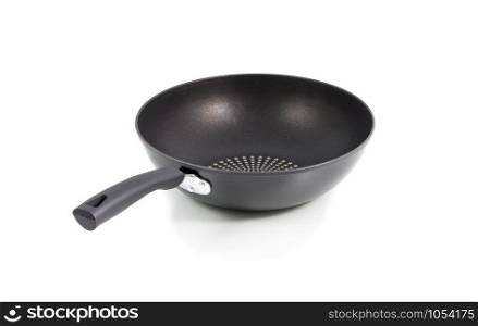 Closeup black frying pan isolated on over white background