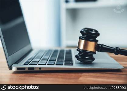Closeup black wooden gavel hammer with laptop on desk in law firm or lawyer office background as justice and legal system for lawyer and judge, Symbolize authority and fairness in trials. equility. Black wooden gavel with laptop at office as justice and legal. equility