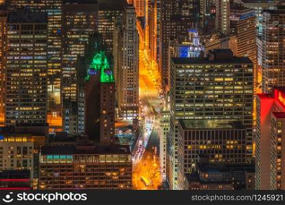 Closeup building of Chicago cityscape and skyscraper at the night time, USA downtown skyline,aerial view, Architecture and building with tourist concept,