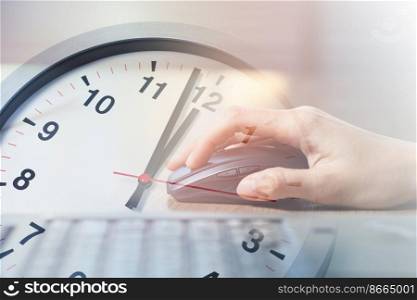 Closeup Business Woman Working with Laptop computer overlay with Afternoon Break Lunch Times Clock for Office Working Hours Concept