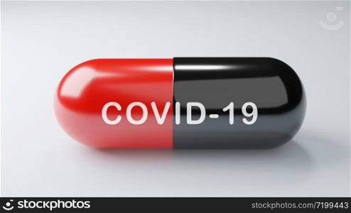 Closeup COVID-19 antiretroviral drugs capsule on white background. Medicine and Vaccine concept. Medical science healthcare. Antibiotic immunity researching. Red Black color. 3D illustration render