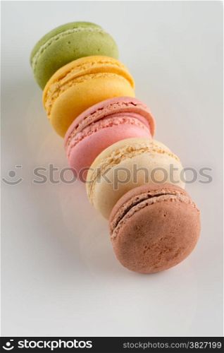 Closeup detail of macarons on a white plate.