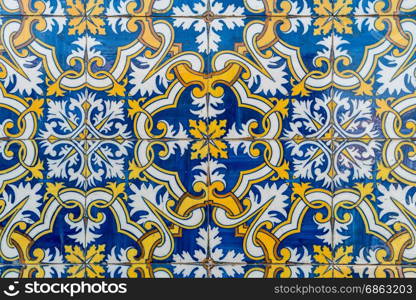 Closeup detail of old Portuguese glazed tiles.