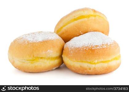 Closeup detail of tasty donuts, isolated on white background.