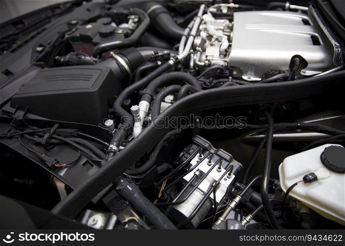 Closeup detail of the powerful car engine