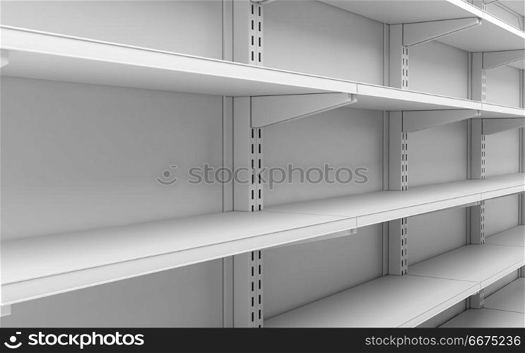 closeup empty white supermarket shelves. 3d illustration