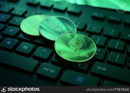 Closeup Ethereum Crypto Currency Coins On Keyboard