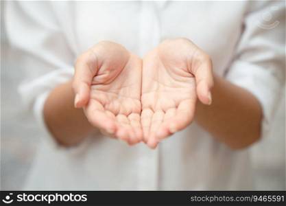 closeup female two hand open palm clean white cloth for giving helping asking image concept.