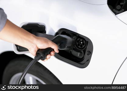 Closeup focus hand insert EV charger plug to electric vehicle from charging station. Progressive alternative clean energy engine car technology. Renewable EV car for eco-friendly transportation idea.. Closeup focus hand insert EV charger to progressive electric rechargeable car.