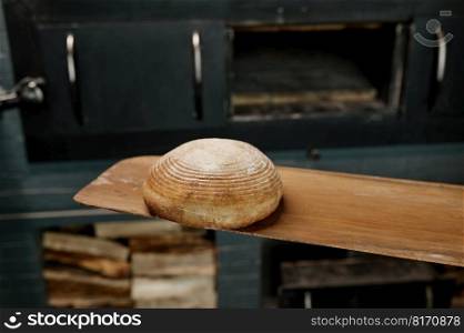Closeup fresh baked bread on wooden spatula over hot opened stove. Pastry manufacturing and bakery house concept. Closeup fresh baked bread on wooden spatula over hot opened stove