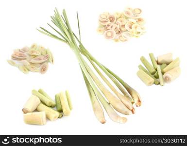 Closeup Fresh Lemon Grass and Slice into pieces.. Closeup Fresh Lemon Grass and Slice into pieces isolated on white background.