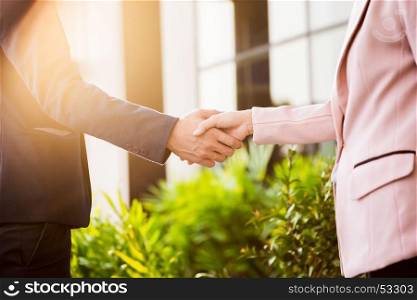 Closeup friendly meeting handshake between business woman and businessman with sunlight.