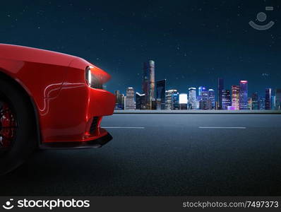 Closeup front side angle view of a generic red brandless American muscle car with night cityscape scene . Transportation concept . 3d illustration and 3d render.