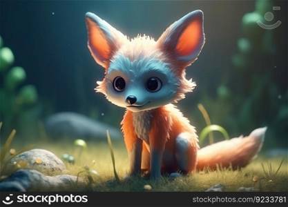 Closeup full body a cute adorable baby fox in medow and bright light generative ai rendered in the style of children - friendly cartoon animation fantasy style created by AI