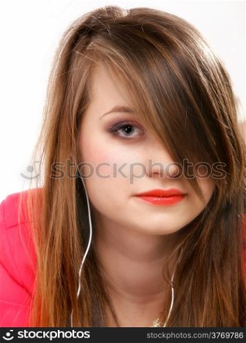 Closeup girl with headphones listen music on the white background